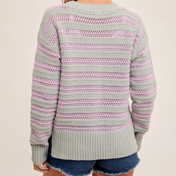 NWT Stripe Sweater Hole-Knit with Side Slit Lavender and Grey NEW - Picture 3 of 3